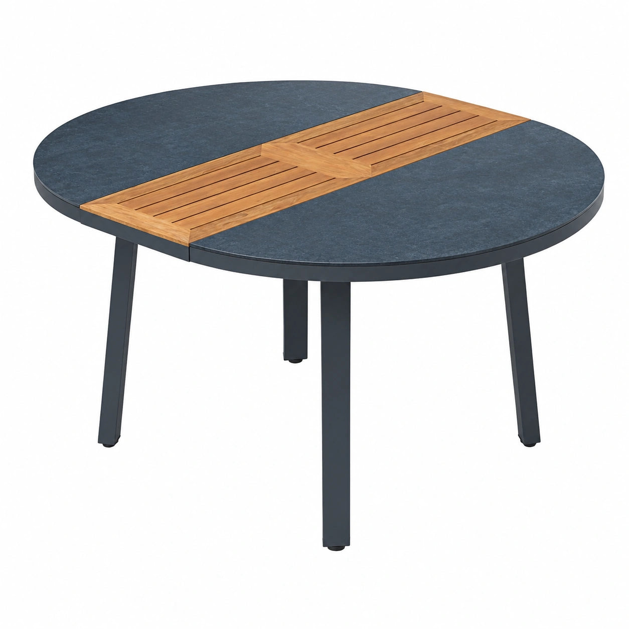 Runder Ausziehtisch aus Aluminium, Glas und Teakholz - Esstisch Trinidad, Oval 120/160 x 120 cm