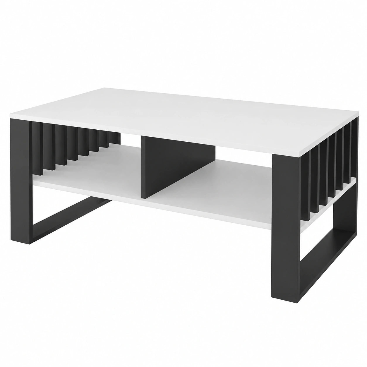 Moderner Couchtisch Weiß mit Stauraum und Lamellen-Design, 90x50x50 cm