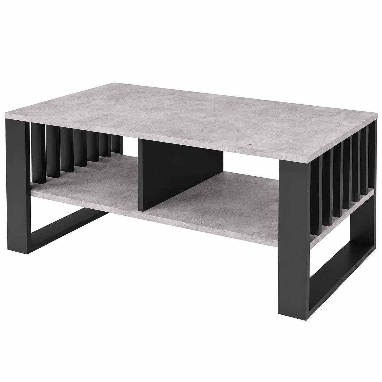 Moderner Couchtisch mit Stauraum, 90x50x50cm, Betonoptik, mit Lamellendetails