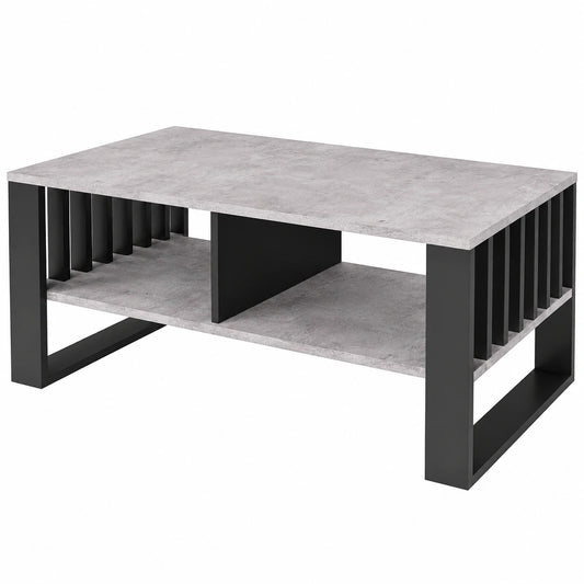 Moderner Couchtisch mit Stauraum, 90x50x50cm, Betonoptik, mit Lamellendetails