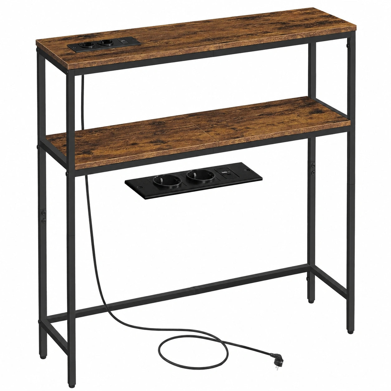 VASAGLE Schmaler Konsolentisch mit 2 Ablagen und Ladestation, Vintagebraun und Tintenschwarz, für Wohnzimmer und Flur