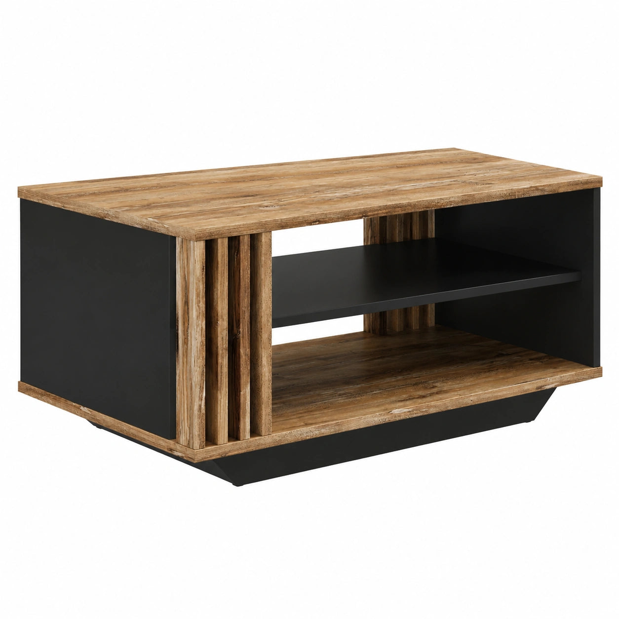 Moderner Viosimc Couchtisch mit Lamellen und Ablage, rechteckig, Retro-Holzdesign in Schwarz für stilvolles Wohnzimmer