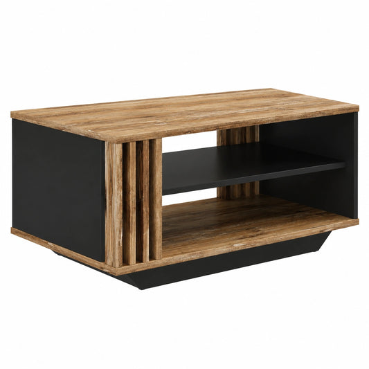 Moderner Viosimc Couchtisch mit Lamellen und Ablage, rechteckig, Retro-Holzdesign in Schwarz für stilvolles Wohnzimmer