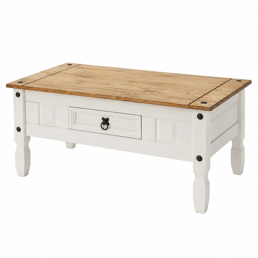 Rustikaler Couchtisch aus Kiefernholz im mexikanischen Stil, braun/weiß lackiert mit Schublade