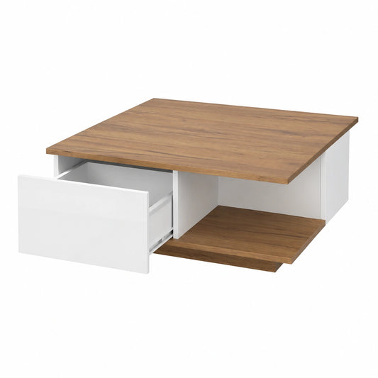 Moderner Couchtisch 70x70cm mit 3 Schubladen, Hochglanz, Weiß und Holzoptik